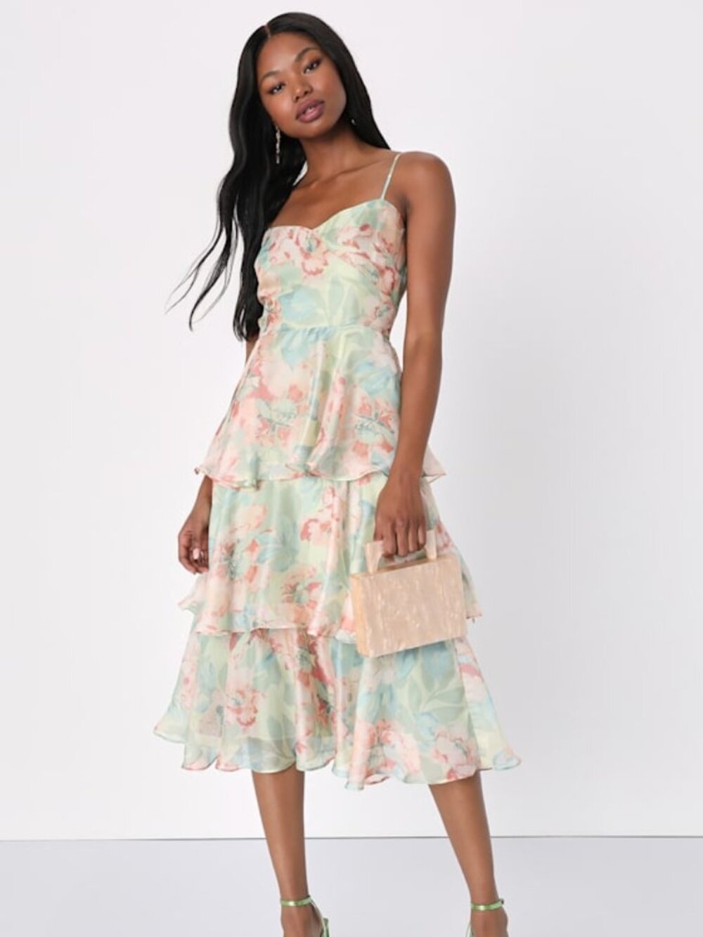Lulus Darling Aesthetic Green Floral Print Tiered Midi Dress - Size S